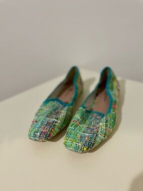 Green Multicolor Tweed Women's Flat Loafers